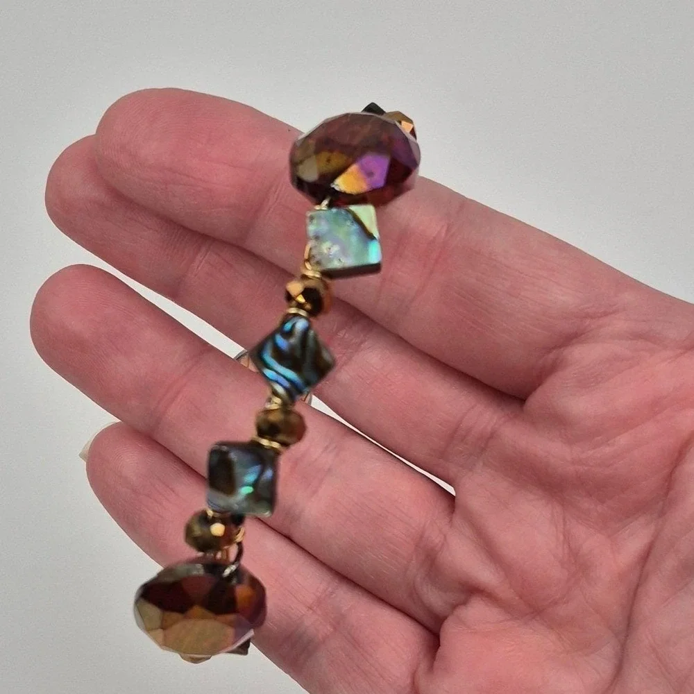 Beaded Wire Bangle Bracelet Abalone Crystal Accent Copper Tone 7.5